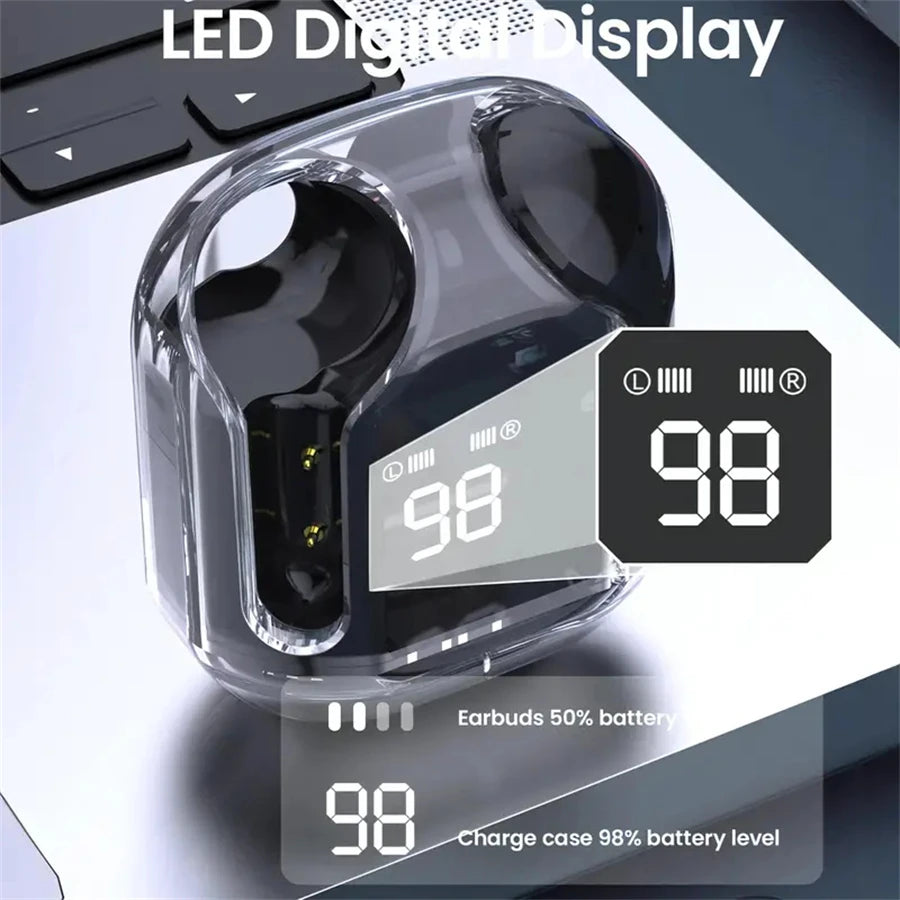 Original T2 Wireless Bluetooth Earphone Transparent HIFI Headphones LED Power Digital Display Stereo Sound Earphones for Phone